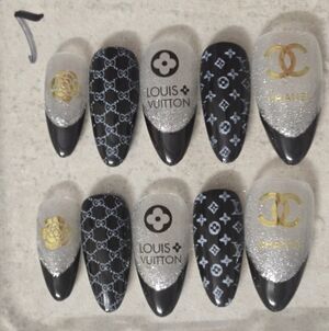 Designer-Inspired Black & Silver Logo Press-On Nails